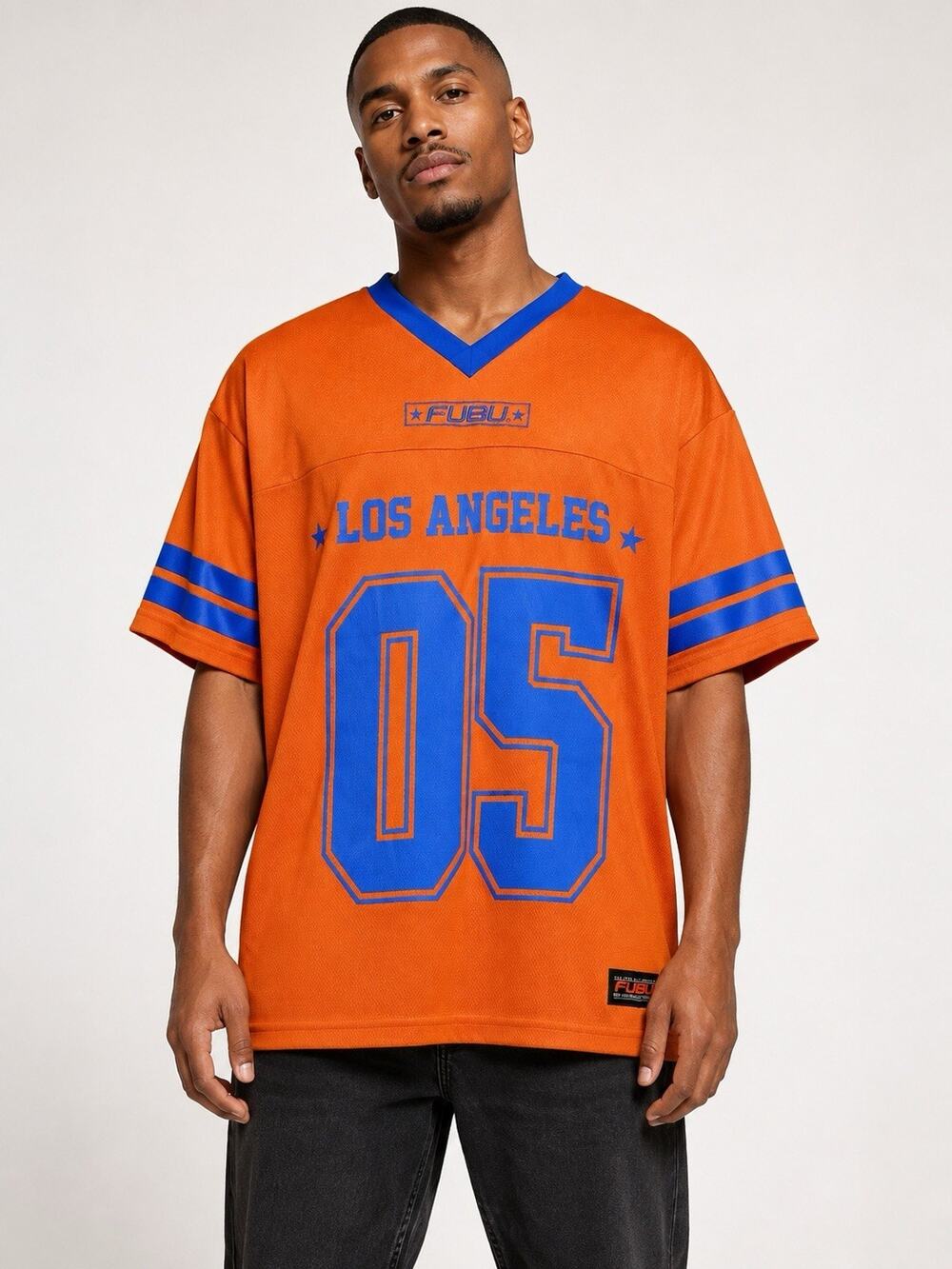 FUBU LA 05 Football Jersey Men’s Size M Orange Blue Mesh Embroidered Y2K NWT